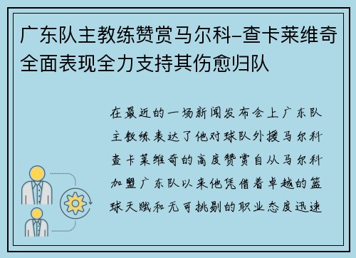 广东队主教练赞赏马尔科-查卡莱维奇全面表现全力支持其伤愈归队